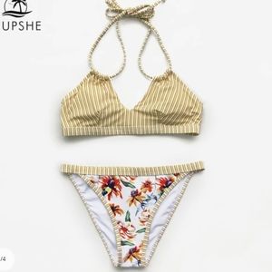 NEW w Tags Tropical sexy bikini adjustable drawstring halter stripes and flowers